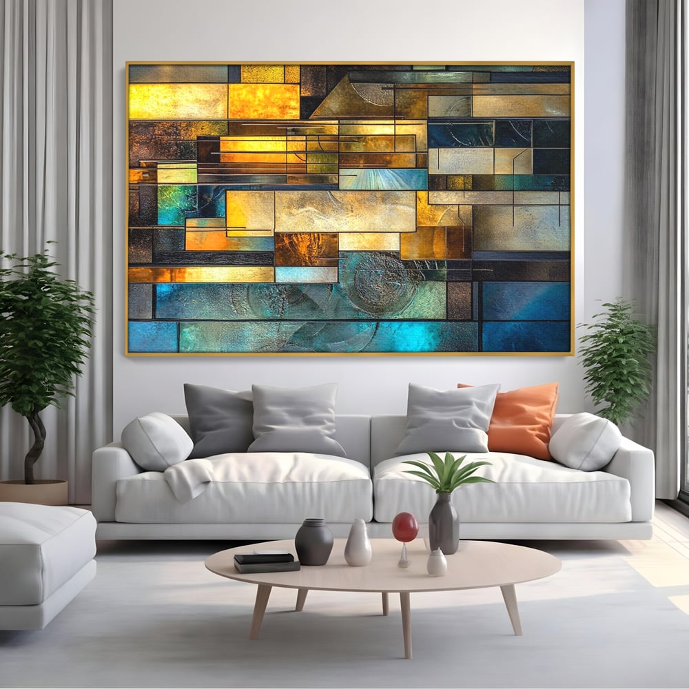 Tablou canvas cu tablou abstract geometric cu texturi metalice, in rama de aluminiu auriu, pe perete intr-un living
